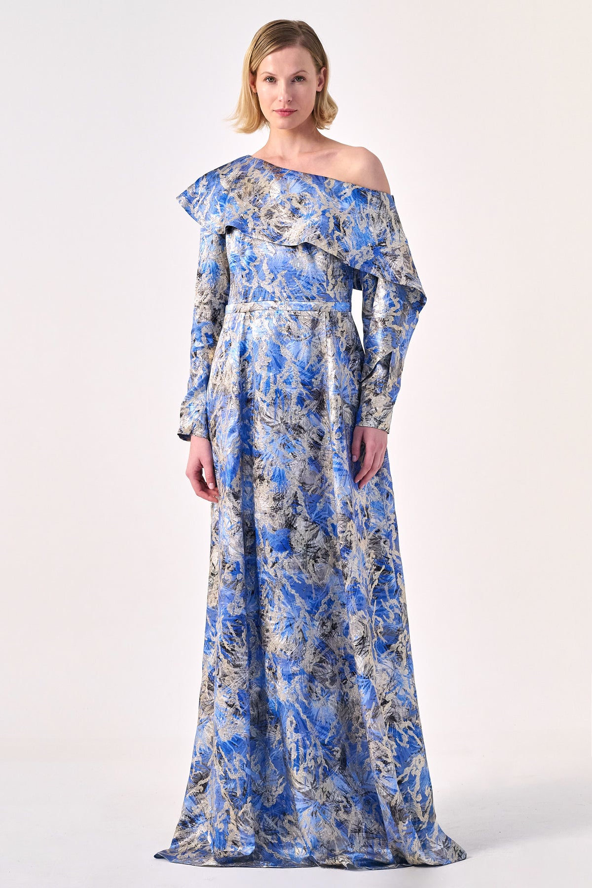 Timeless Grace: asymmetrical off-shoulder neckline long Dress