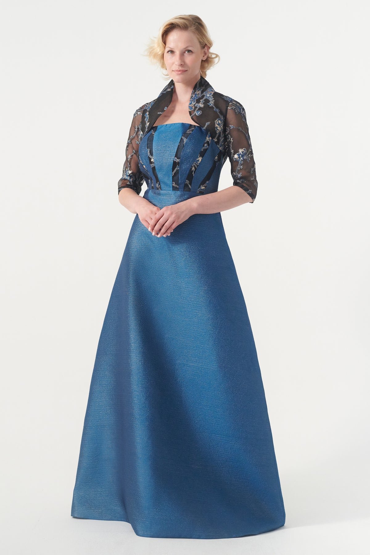Strapless A-line full-length brocade gown with sheer BOLERO White / BOLERO Strapless A-line full-length brocade gown with sheer BOLERO White / BOLERO