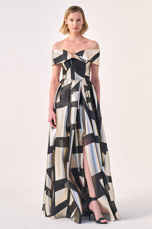 Architectural Elegance: The Off-Shoulder Geometric Gow