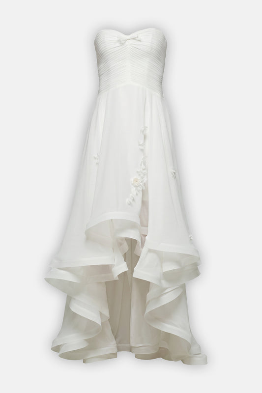 Ruched High-Low Strapless Gown