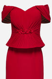 Pleated Off-Shoulder Peplum Gown