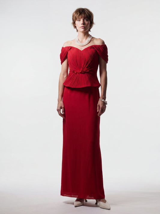 Pleated Off-Shoulder Peplum Gown