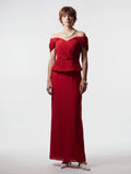 Pleated Off-Shoulder Peplum Gown