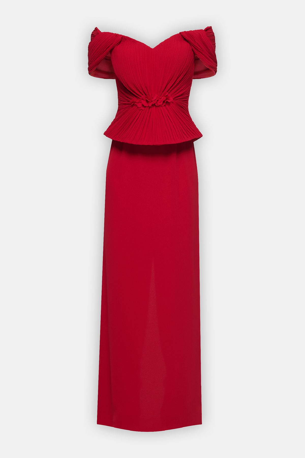 Pleated Off-Shoulder Peplum Gown