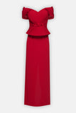 Pleated Off-Shoulder Peplum Gown
