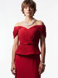 Pleated Off-Shoulder Peplum Gown