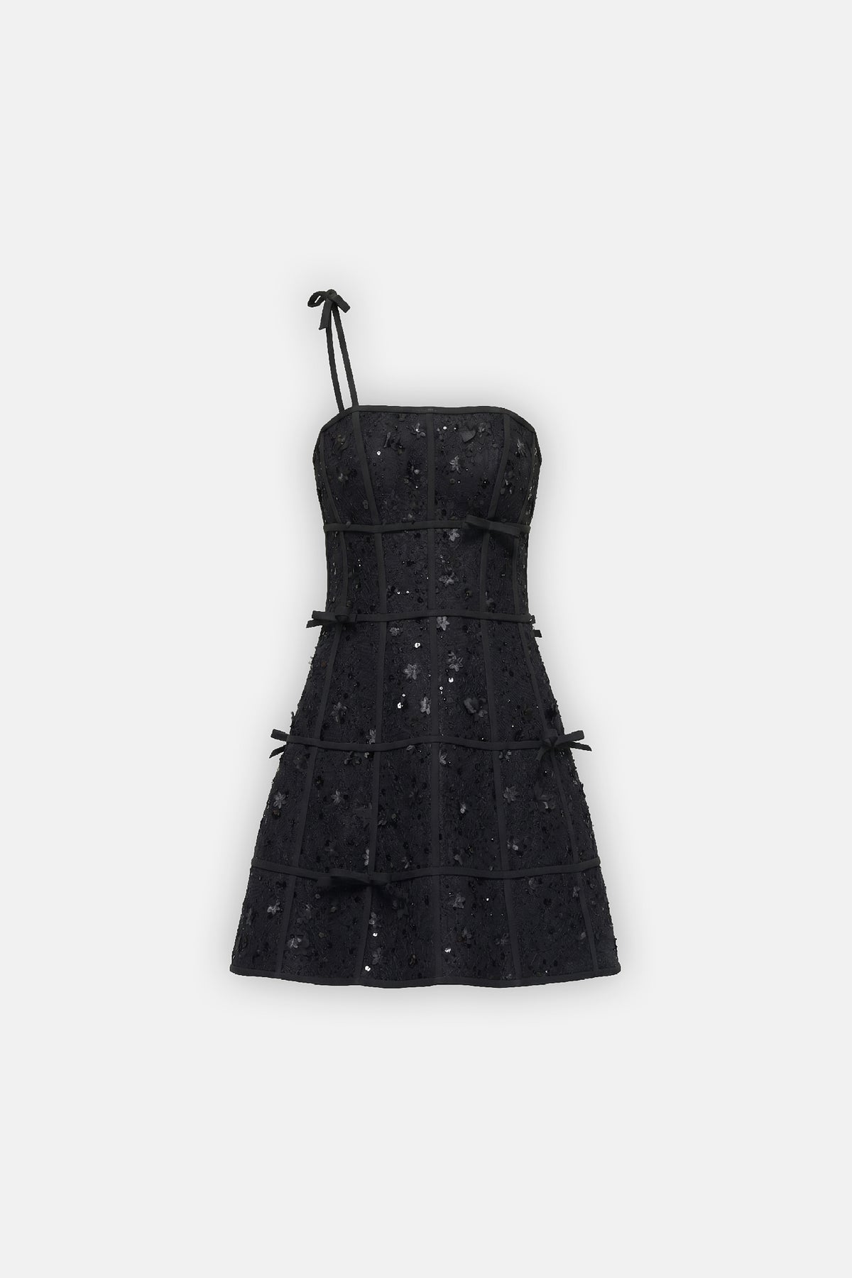 Bow-Trim Embroidered Mini Dress