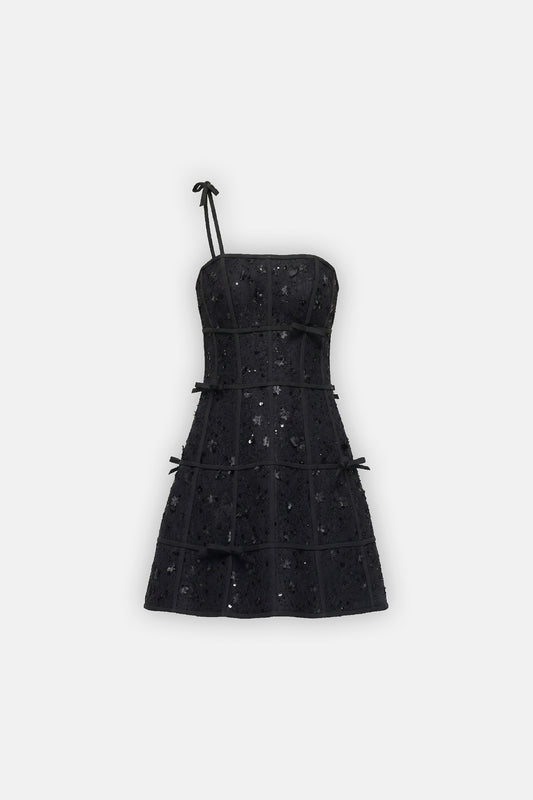 Bow-Trim Embroidered Mini Dress