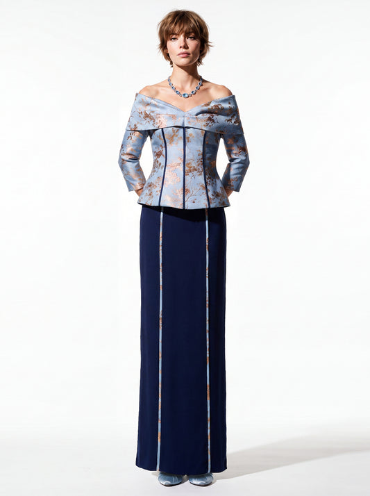 Off-Shoulder Jacquard Peplum Gown