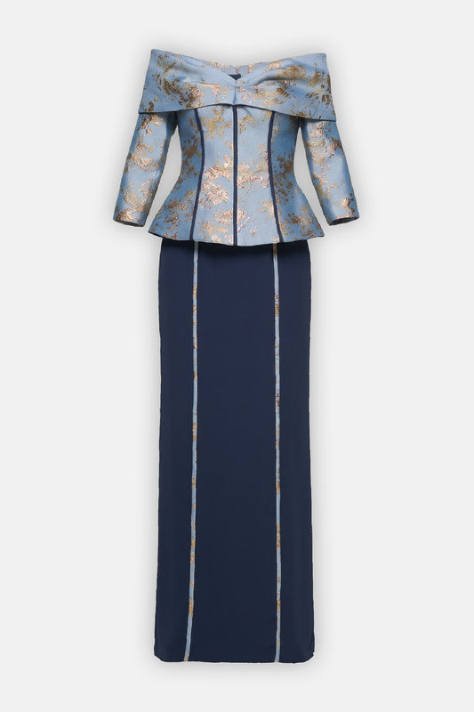 Off-Shoulder Jacquard Peplum Gown