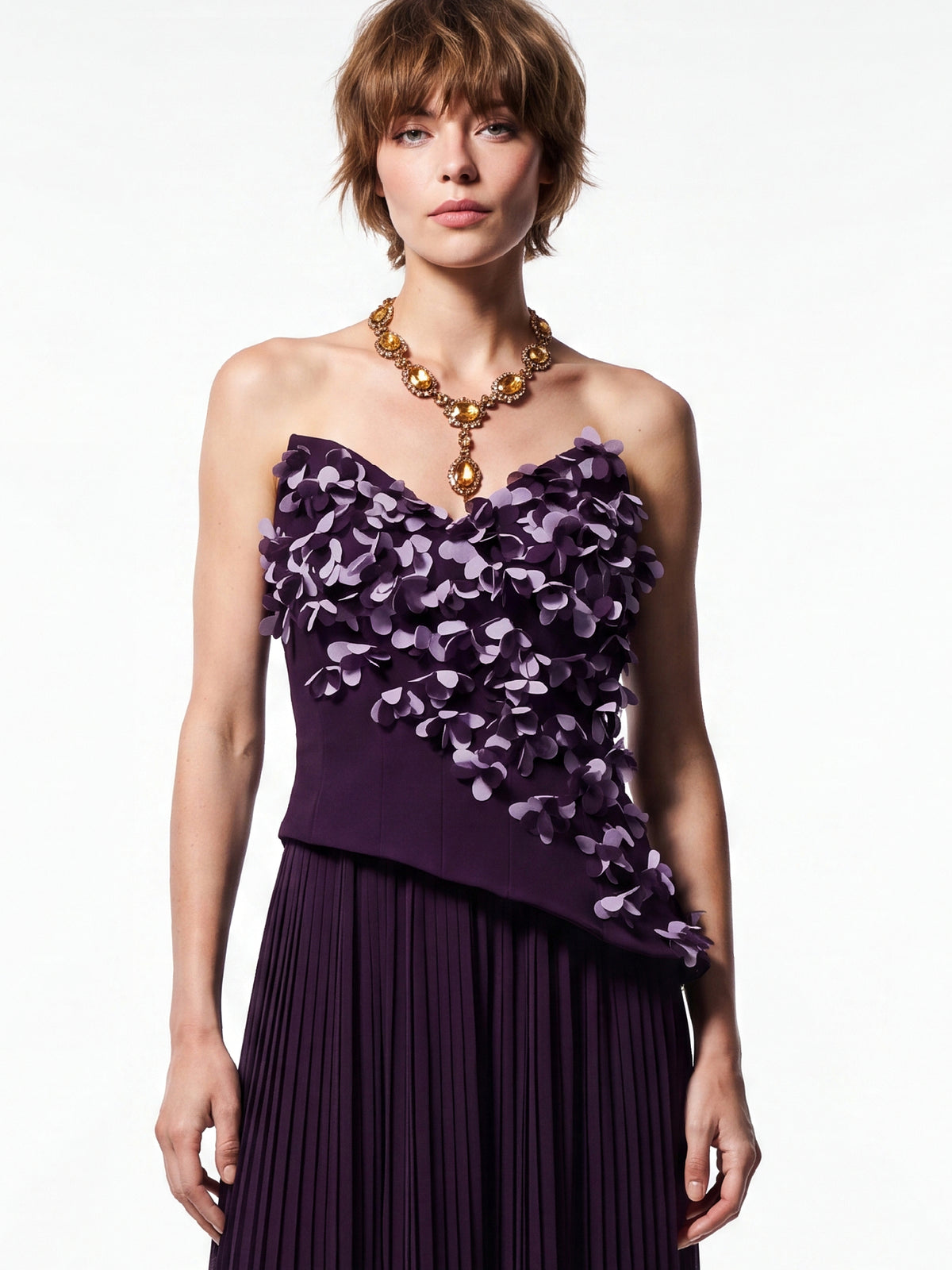 Floral Appliqué Pleated Gown