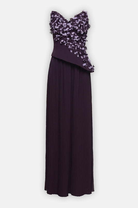 Floral Appliqué Pleated Gown