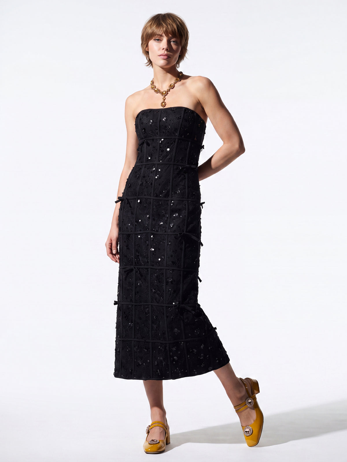 Bow-Trim Embroidered Column Dress