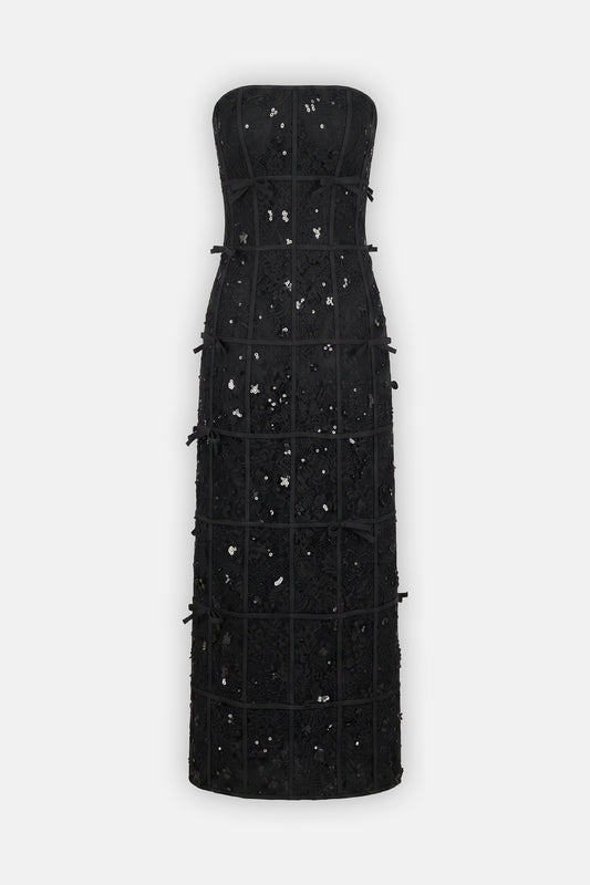 Bow-Trim Embroidered Column Dress
