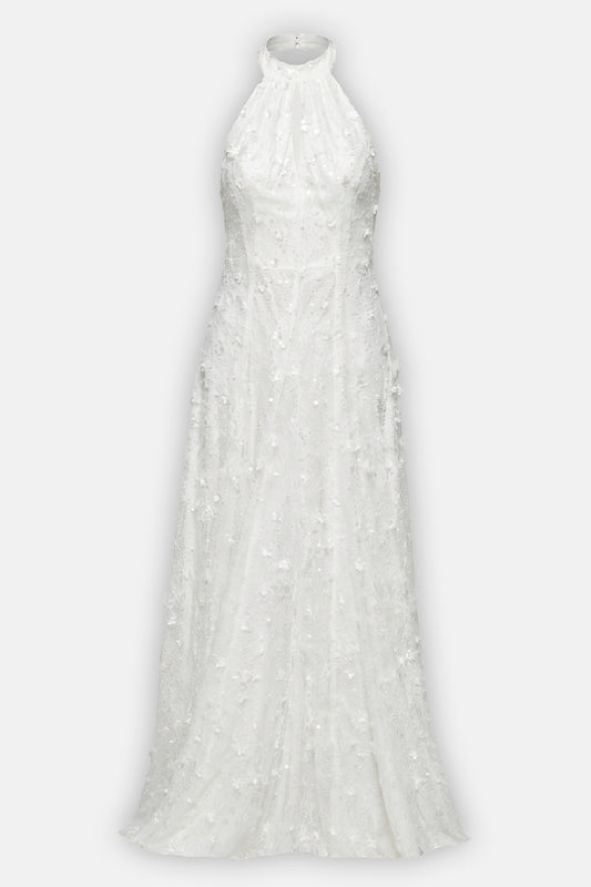 Floral Embroidered Sequin Lace Halter Gown