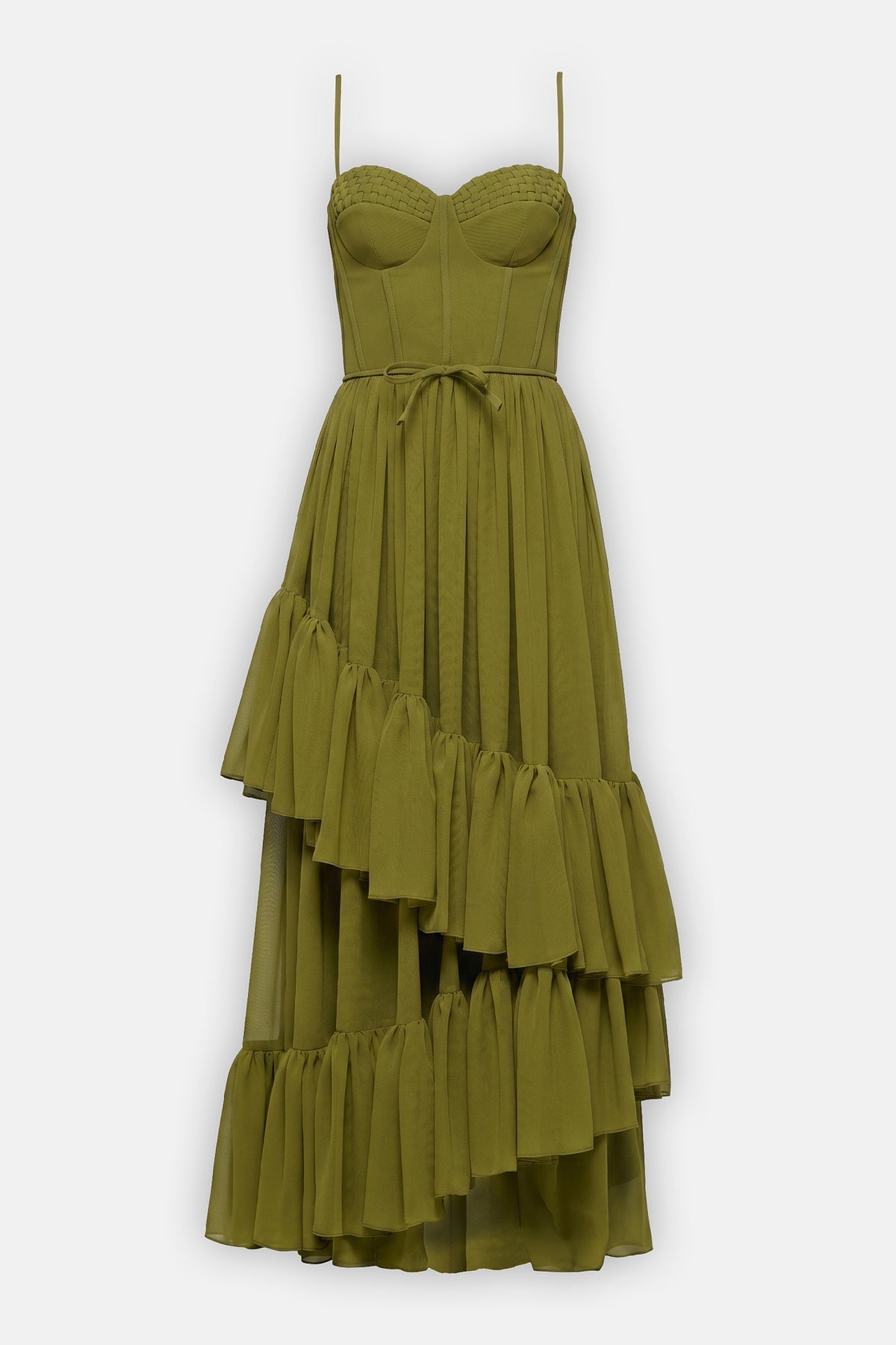 Braided Corset Tiered Asymmetrical Ruffled Maxi Dress