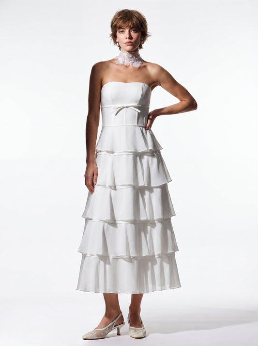Bow-Detail Tiered Midi Dress
