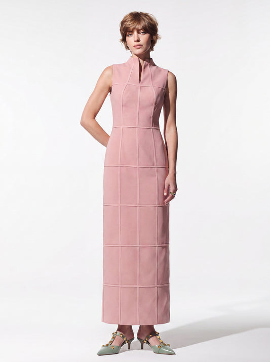 Paneled High-Neck Column Dress