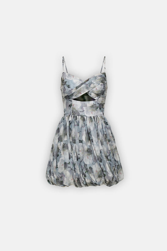 Silk Floral Cutout Bubble Mini Dress