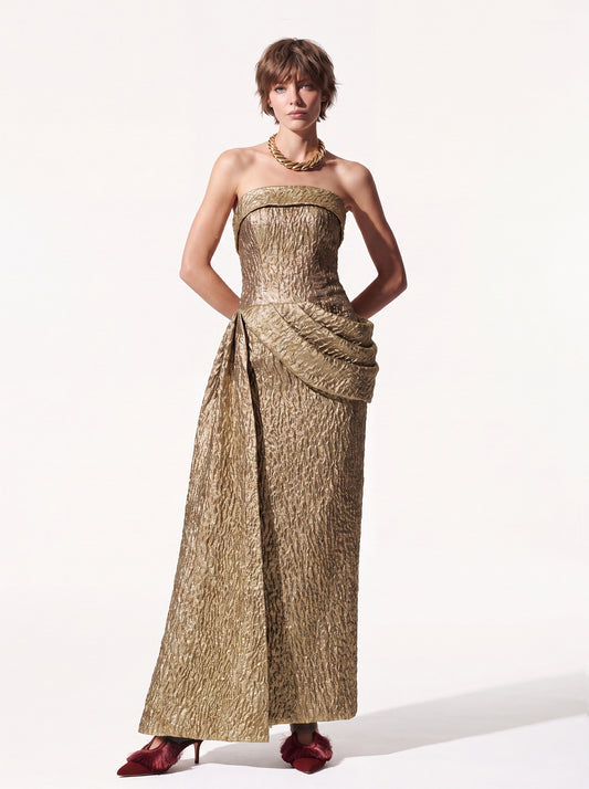 Metallic Jacquard Draped Column Gown
