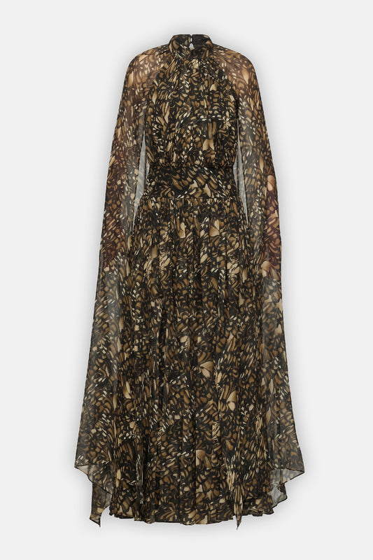 Printed Silk Cape-Sleeve Gown
