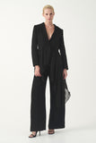 Single button V-neck asymptomatic draped panel jacket with wide- leg trousers