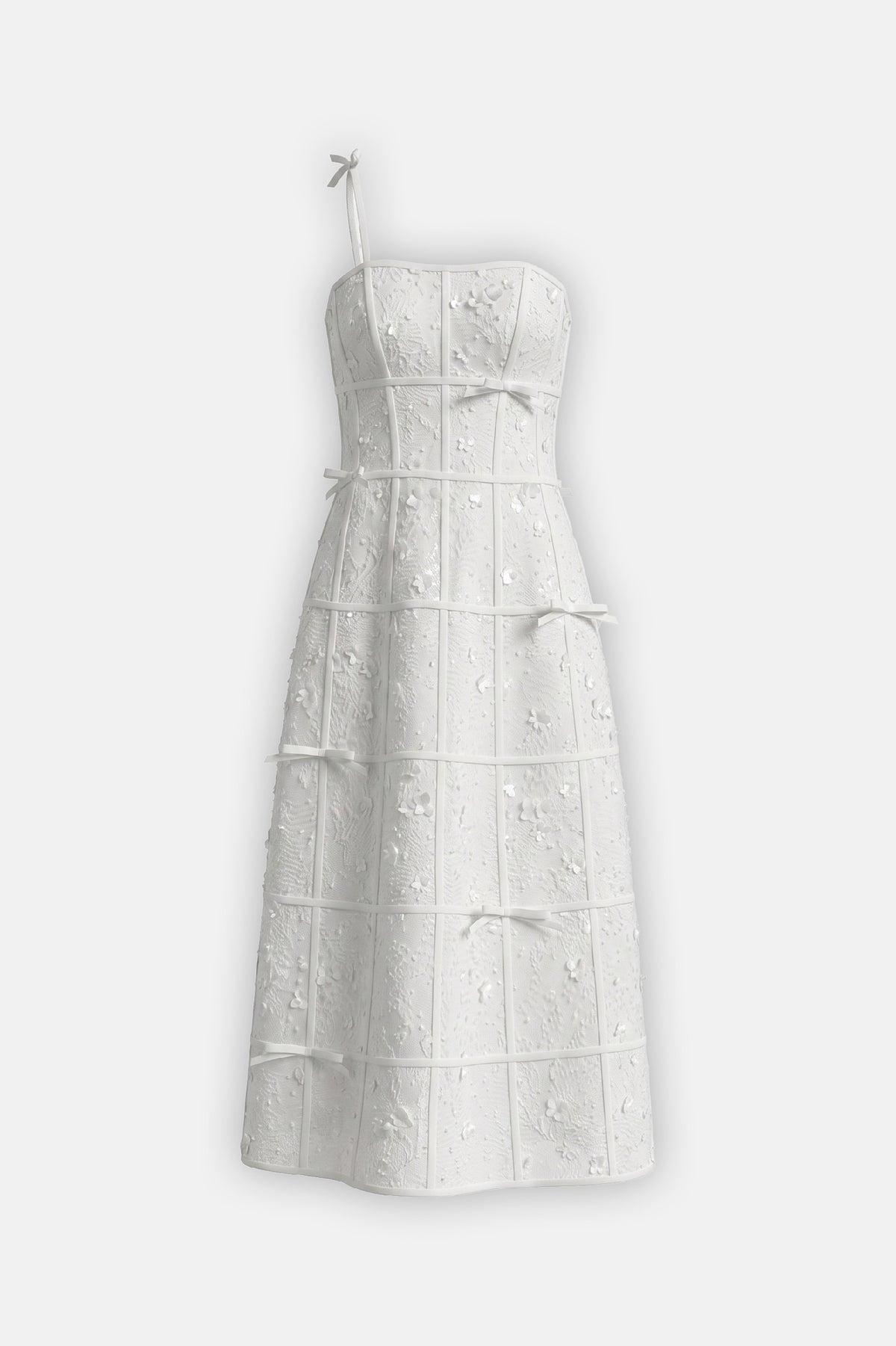 Bow-Trim Floral-Embroidered Midi Dress