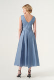Scoop Neck Self-Belted Fluffy Midi Length Gown
