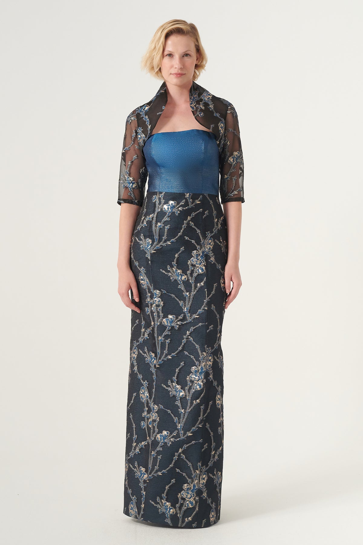 Two-tone strapless long-column dress with organza matching bolero