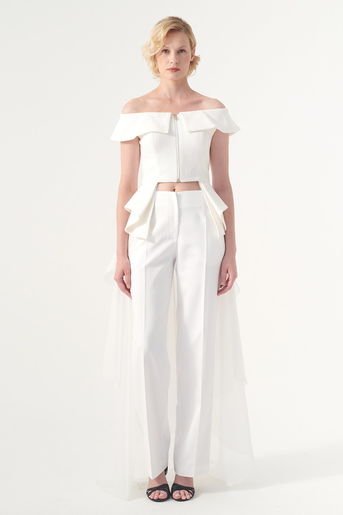 Off-Shoulder Cotton Twill Organza Top with Classic Pant
