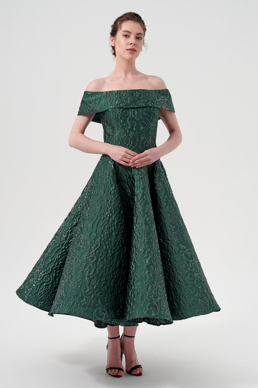 Off-The-Shoulder Tea-Length Jacquard Dress