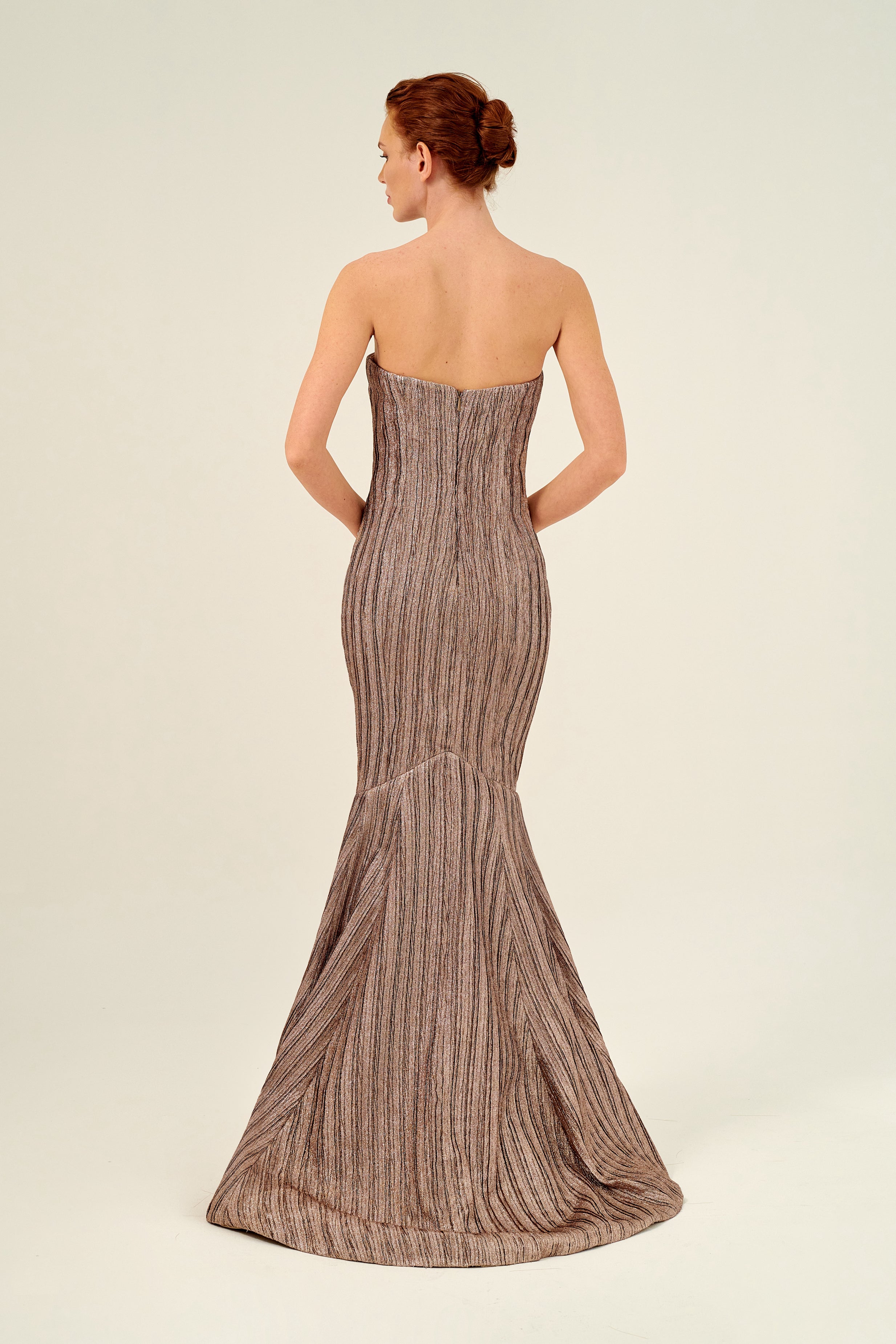 Strapless Pleated Floor-Length Metallic Jacquard Gown