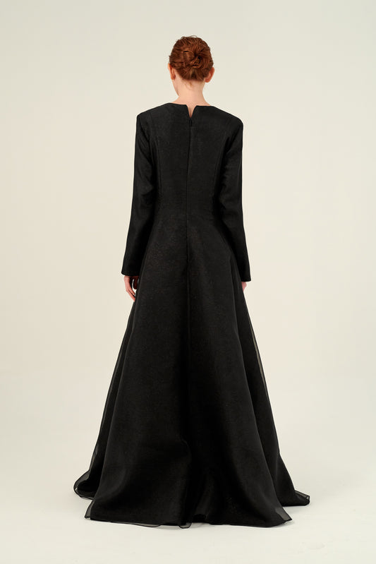 Jewel Neckline Long Sleeve A-Line Silhouette Gown