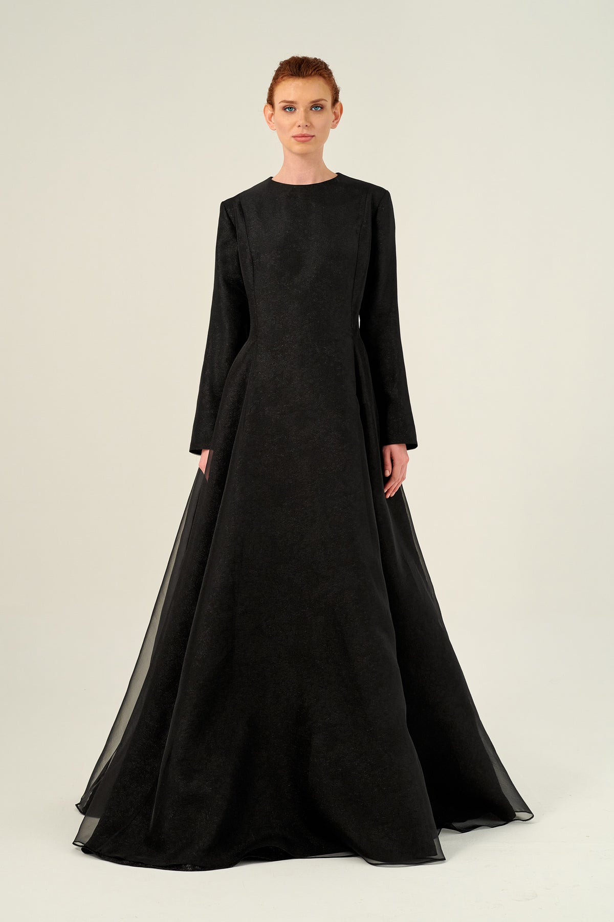 Jewel Neckline Long Sleeve A-Line Silhouette Gown Blue Jewel Neckline Long Sleeve A-Line Silhouette Gown Blue