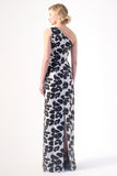 bold floral print one-shoulder gown