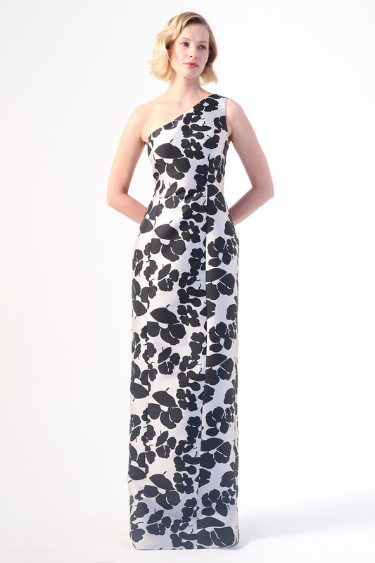 bold floral print one-shoulder gown