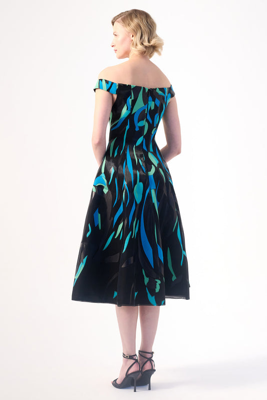 an off-shoulder neckline midi dress