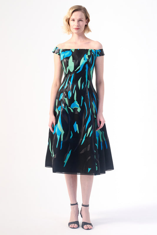 an off-shoulder neckline midi dress