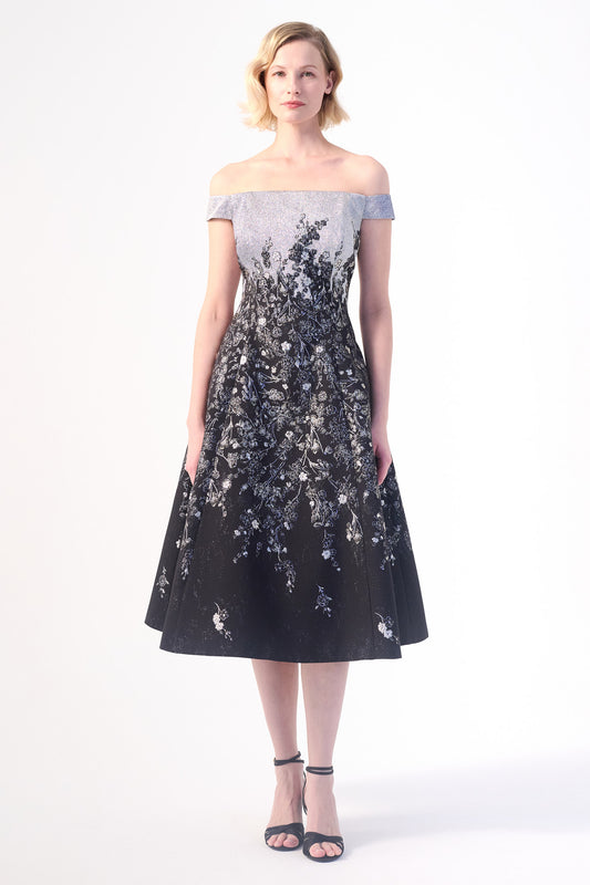 off-shoulder neckline Jacquard Midi Dress