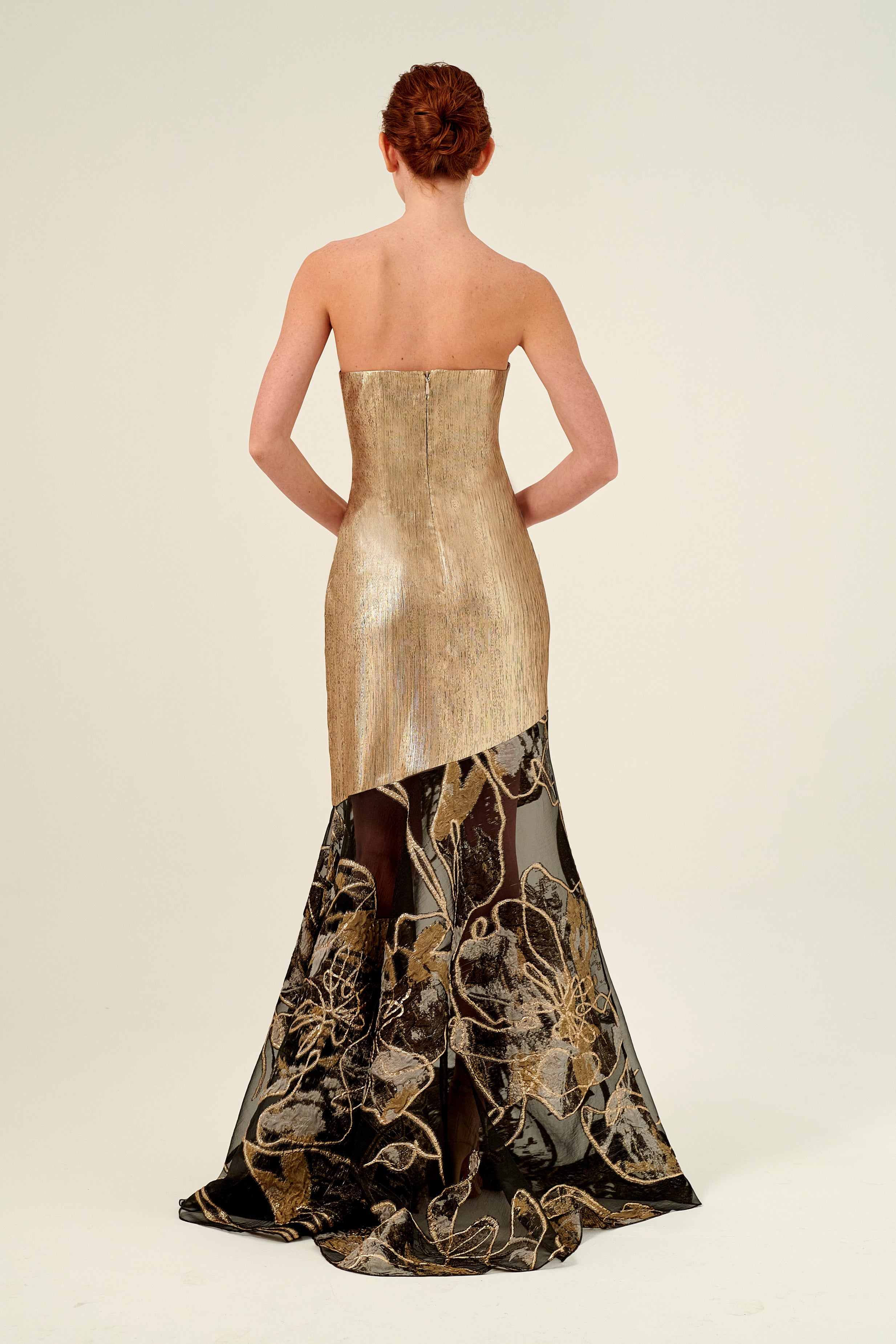 Two-Tone Strapless Long Metallic Jacquard Dress