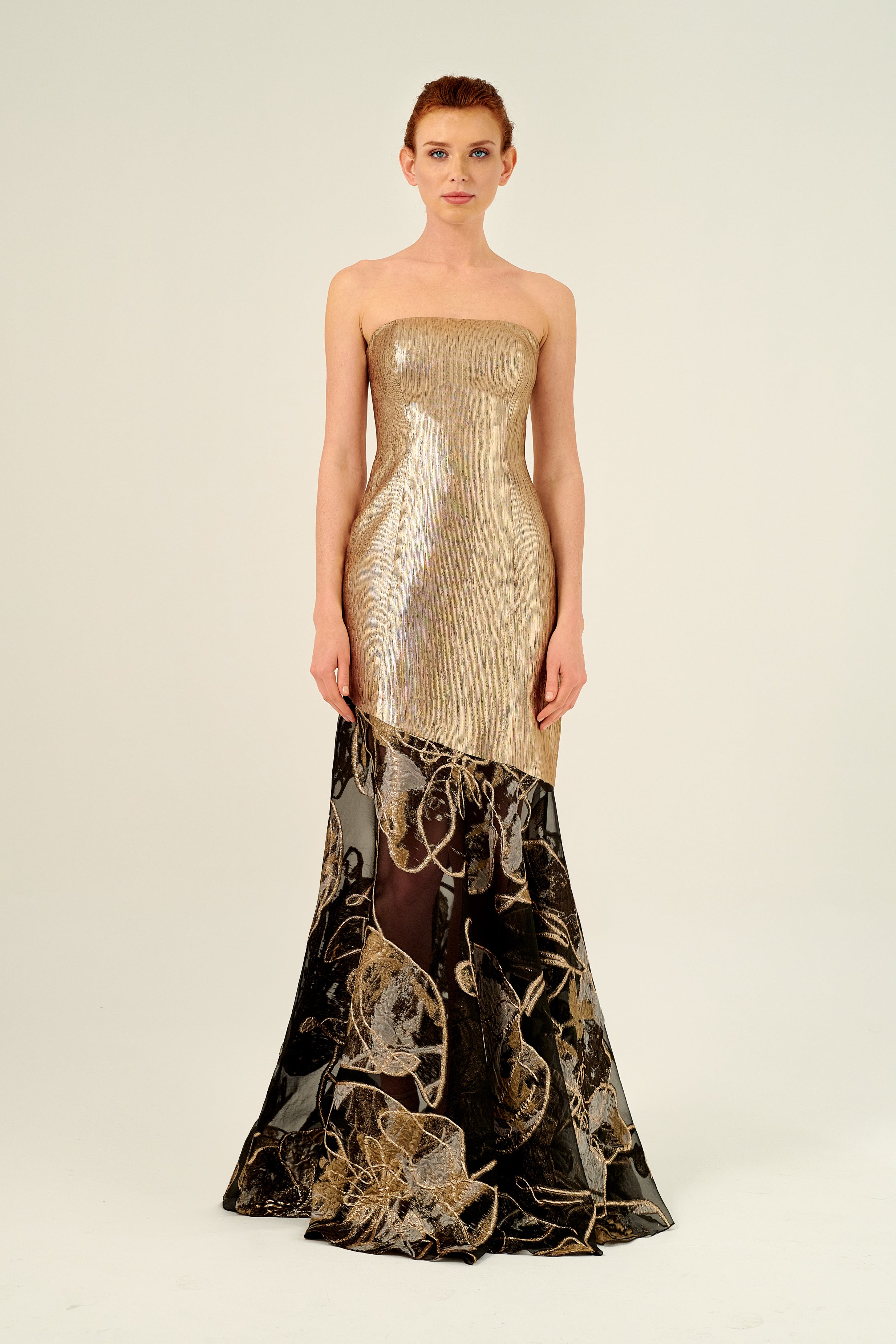 Two-Tone Strapless Long Metallic Jacquard Dress