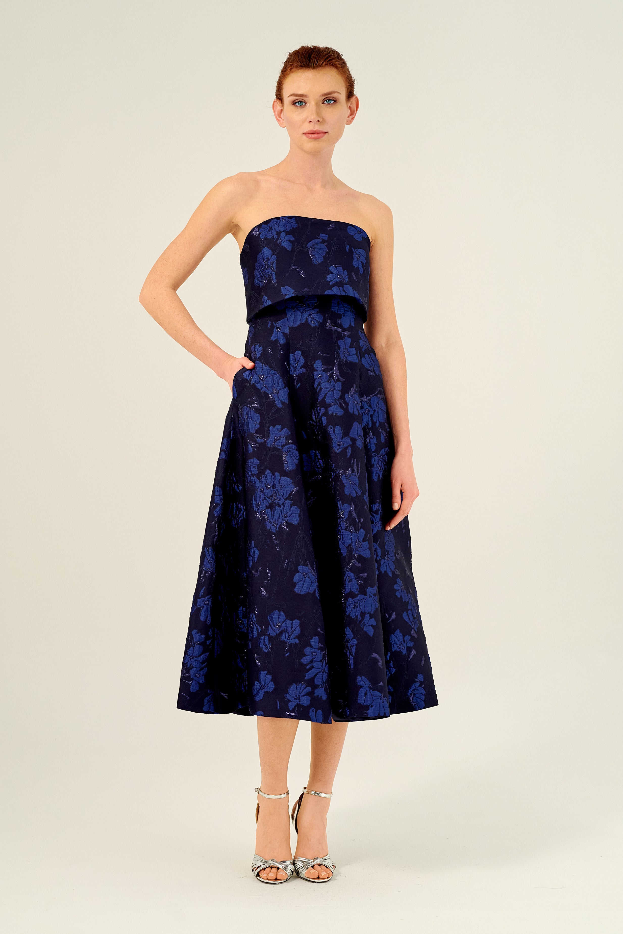 Fold Down Strapless Neck Floral-Printed Jacquard Midi Dress