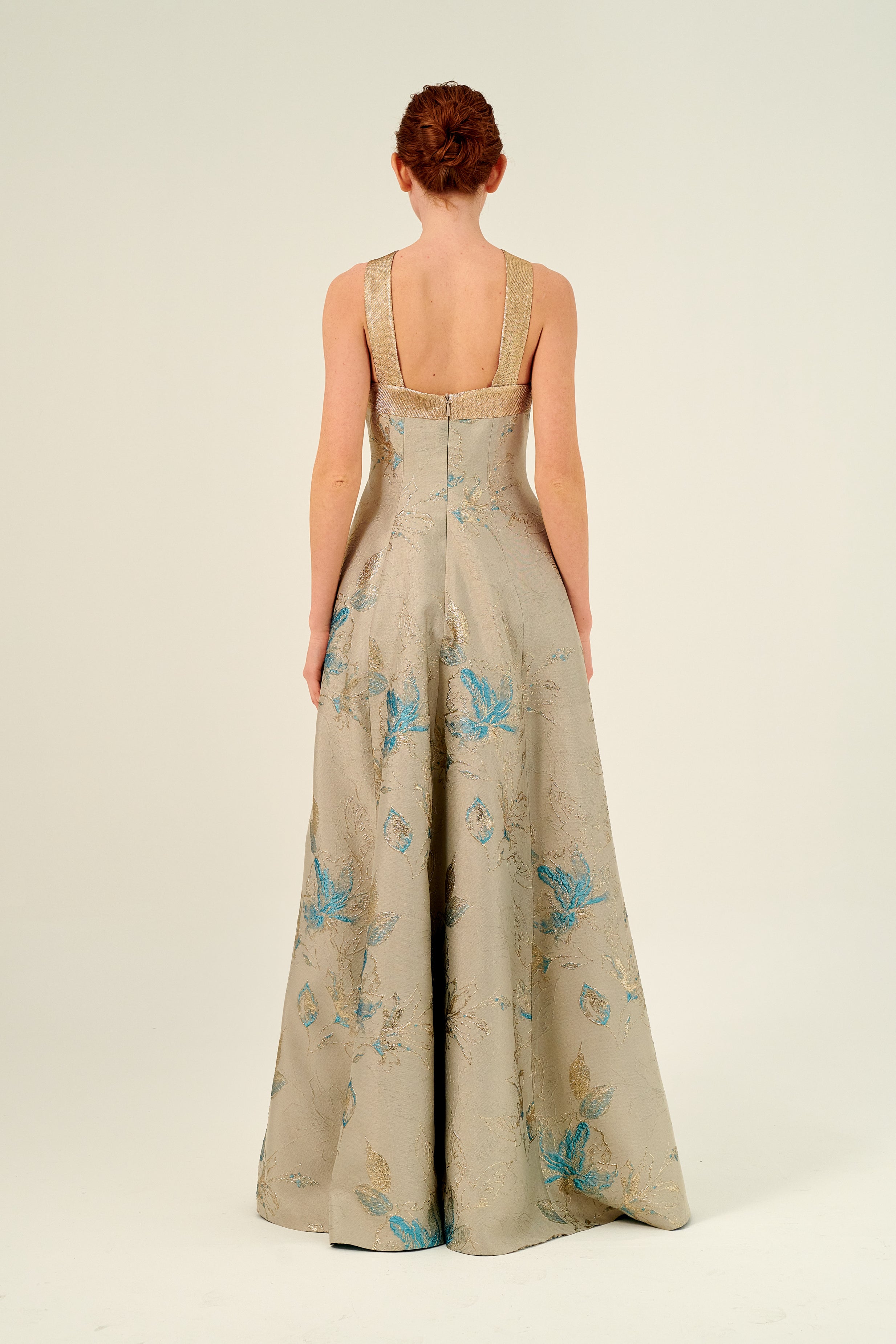 Halter Neckline Fit and Flare Floral Long Gown Black Halter Neckline Fit and Flare Floral Long Gown Black