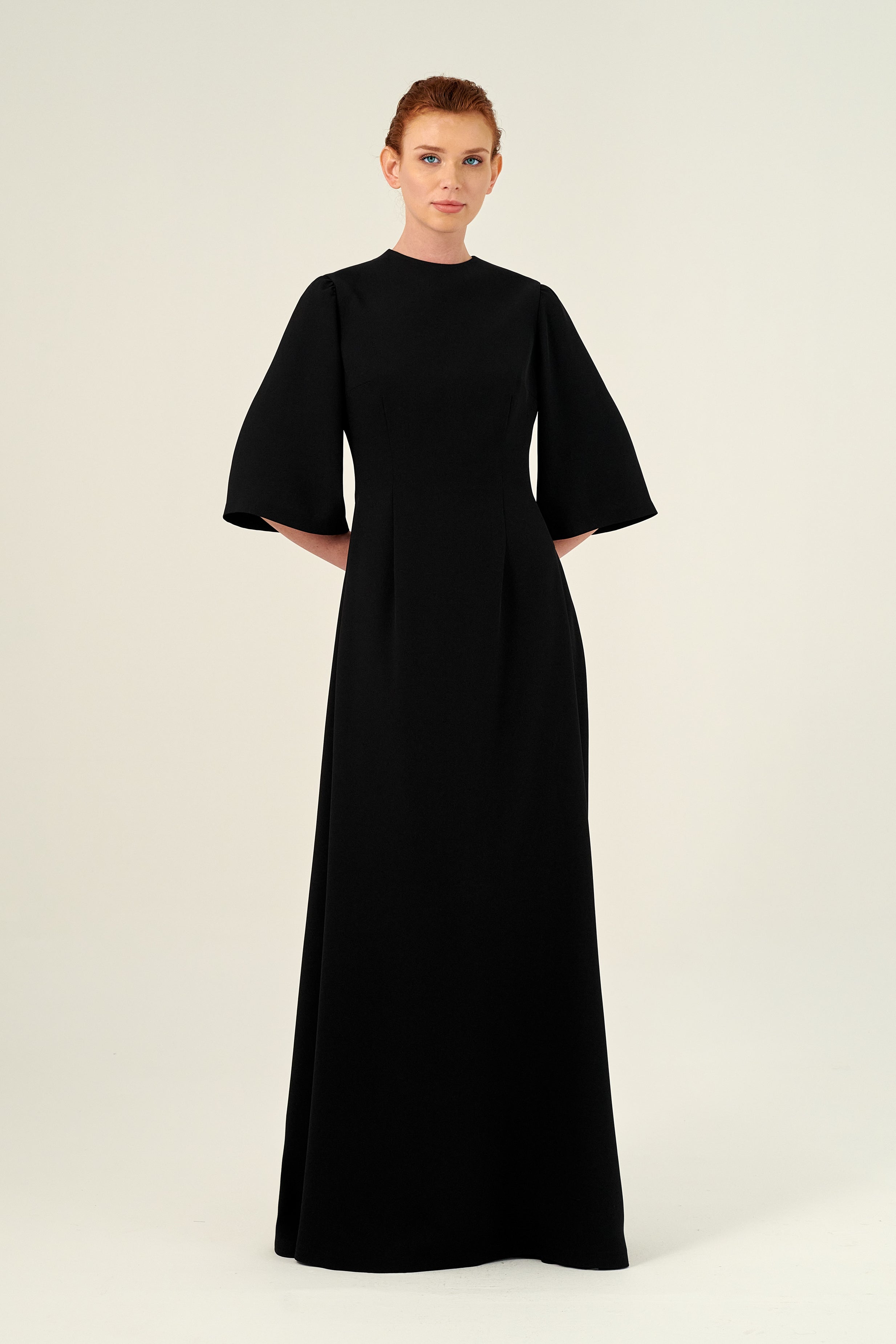 Bell Sleeve Fit and Flare Crewneck Long Dress