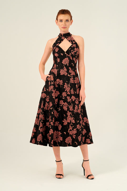 Floral Print Jacquard Midi A-Lined Dress