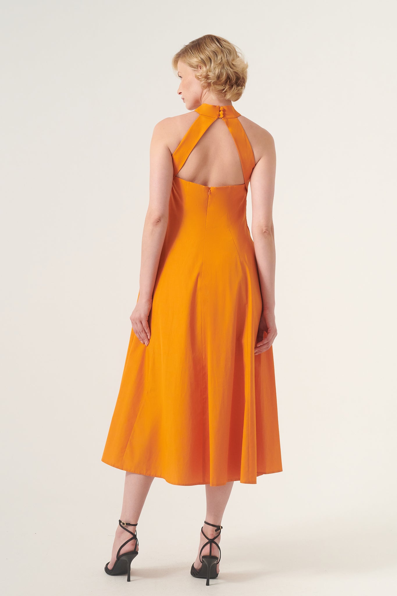 orange halter neck midi dress Reiss Rowe Cotton Halterneck Belted Midi Dress