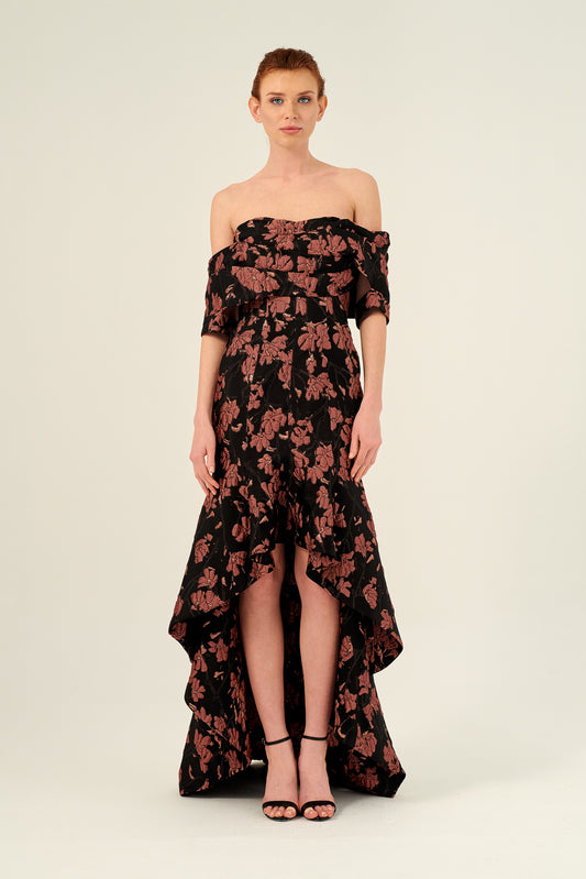 Off-The-Shoulder Asymmetric Floral Jacquard Dress