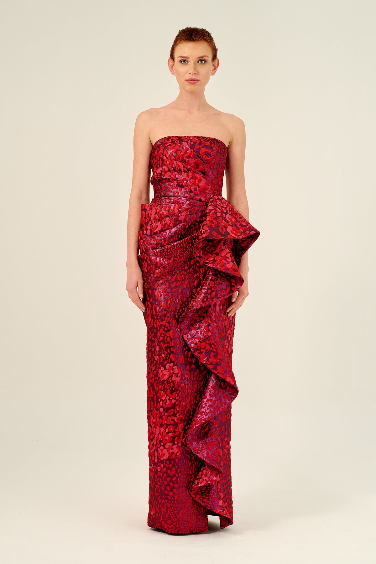 Draped Bodice Ruffled Printed Jacquard Long Gown