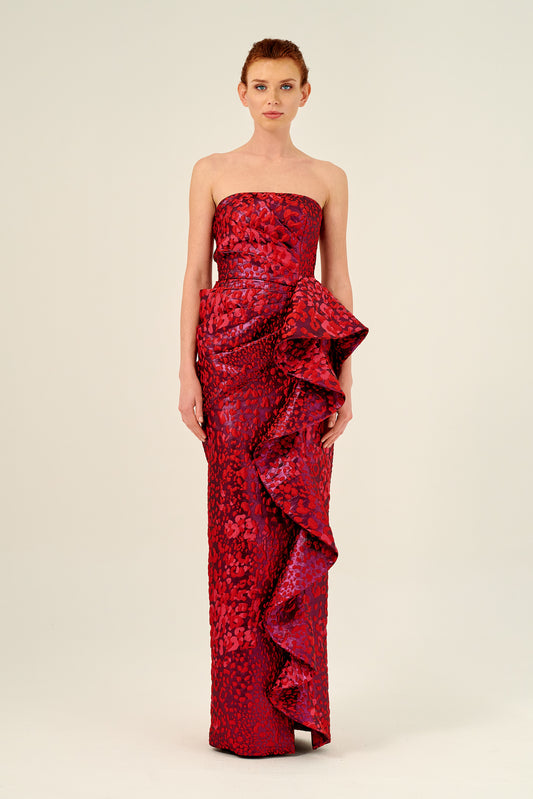 Draped Bodice Ruffled Printed Jacquard Long Gown