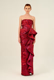 Draped Bodice Ruffled Printed Jacquard Long Gown